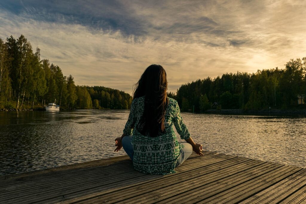 yoga, woman, lake, outdoors, lotus pose, meditation, mindfulness, nature, balance, meditating, wellness, sunset, twilight-2176668.jpg